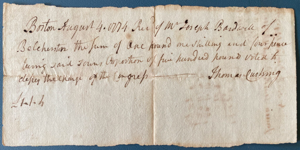 Paper receipt dated August 4, 1774 from Cushing to Bardwell.