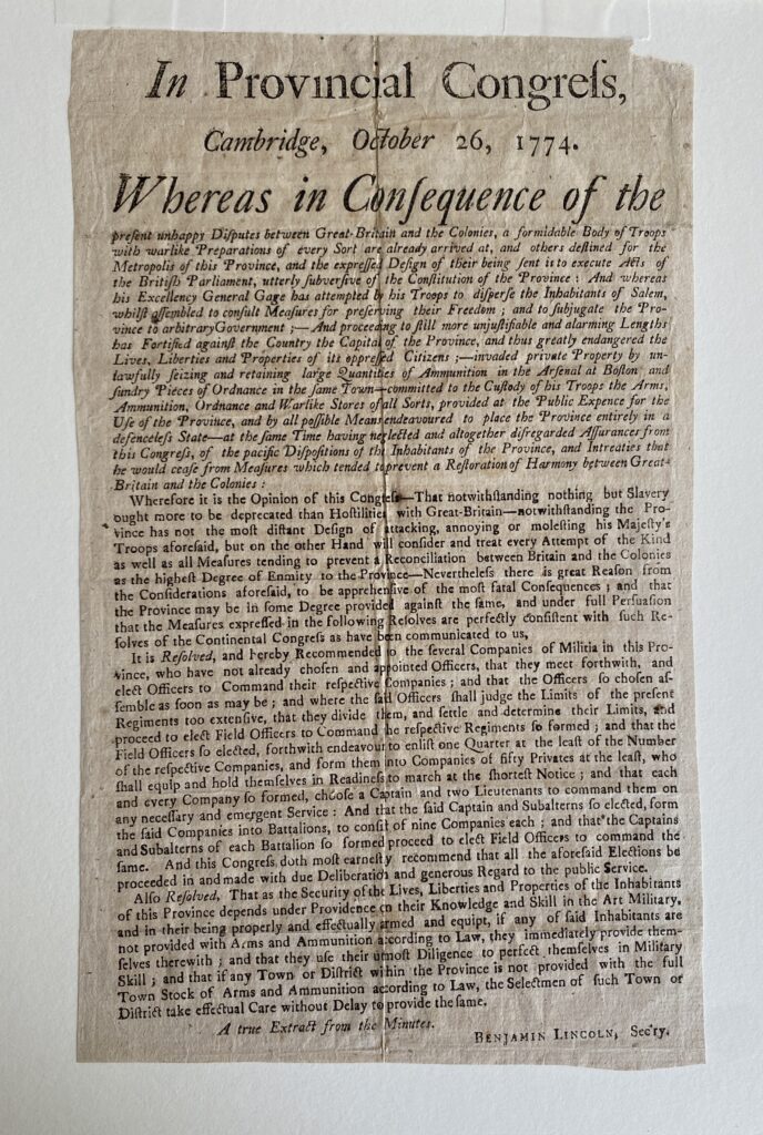 Printed resolution of the Massachusetts Provincial Congress dated October 26, 1776.