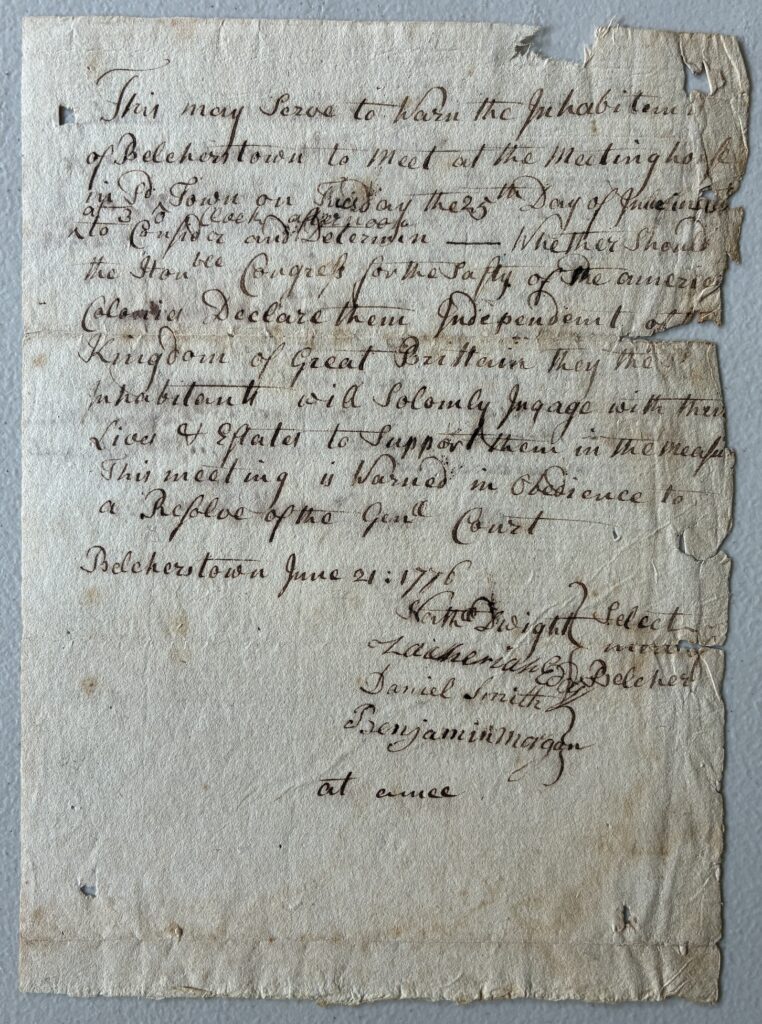 Image showing record of town meeting to support independence from Great Britain (front side)