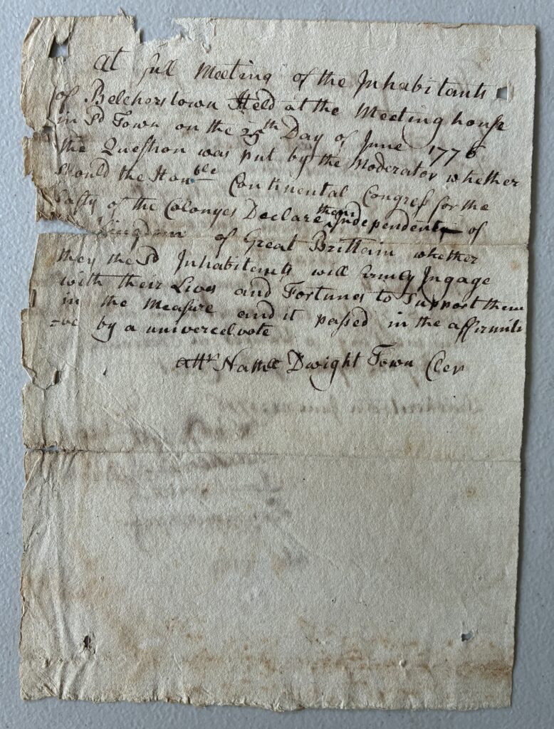 Image showing record of town meeting to support independence from Great Britain (back side)