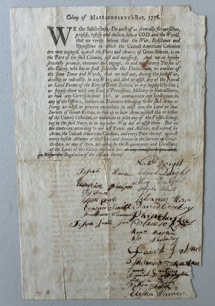 “Test Oath” signed by Belchertown citizens in support of the Massachusetts Bay Colonial government against Great Britain, 1776